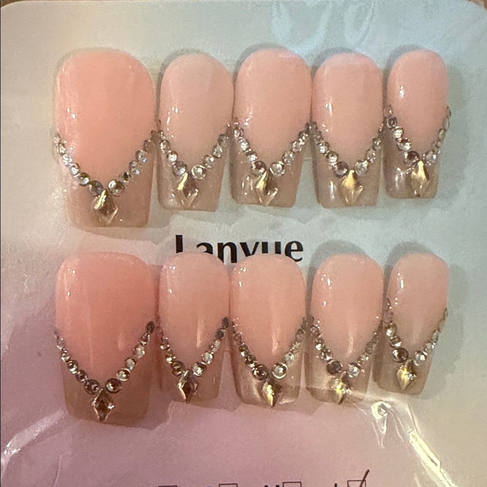 Pink Press-On Nails with Rhinestone Accents